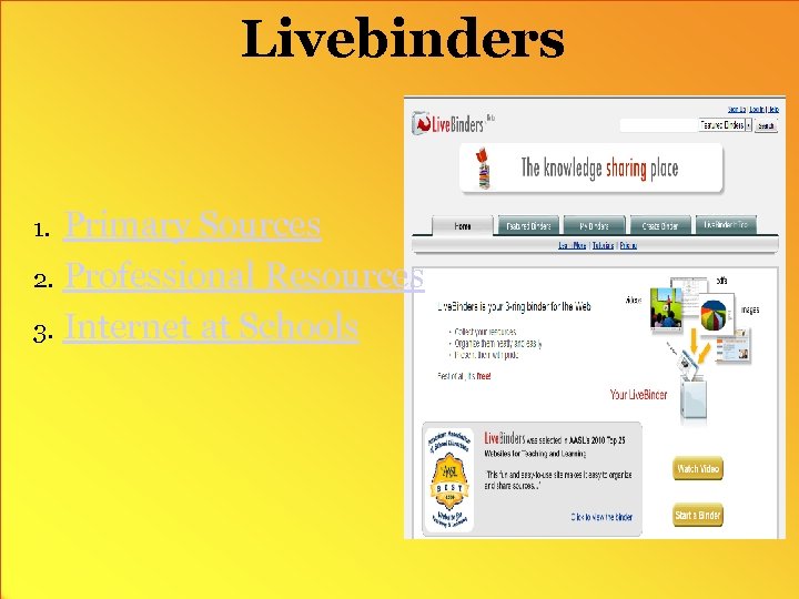 Livebinders Primary Sources 2. Professional Resources 3. Internet at Schools 1. 