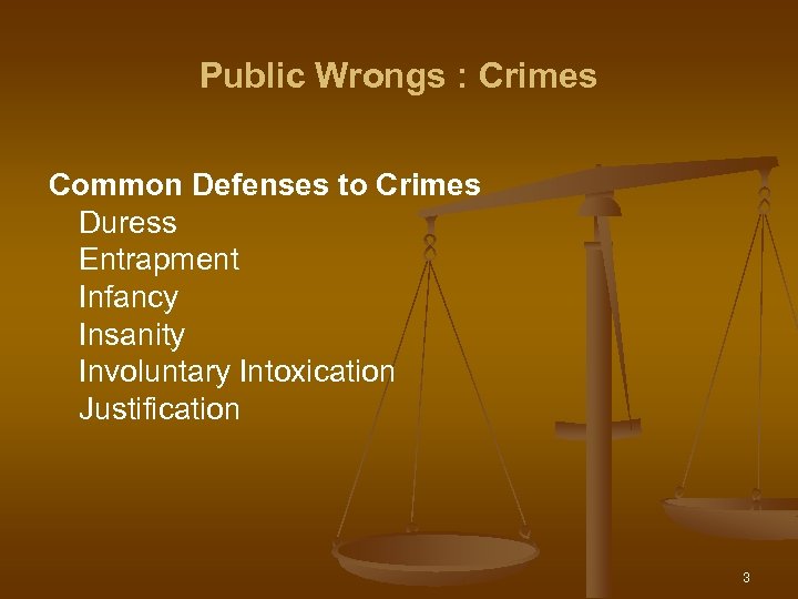 Public Wrongs : Crimes Common Defenses to Crimes Duress Entrapment Infancy Insanity Involuntary Intoxication