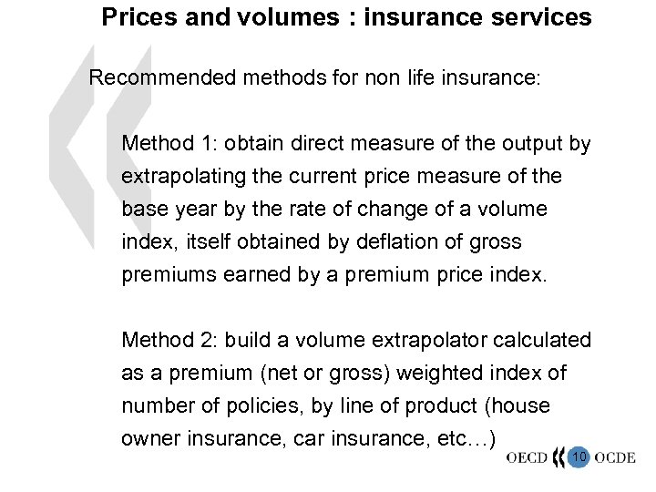 Prices and volumes : insurance services Recommended methods for non life insurance: Method 1: