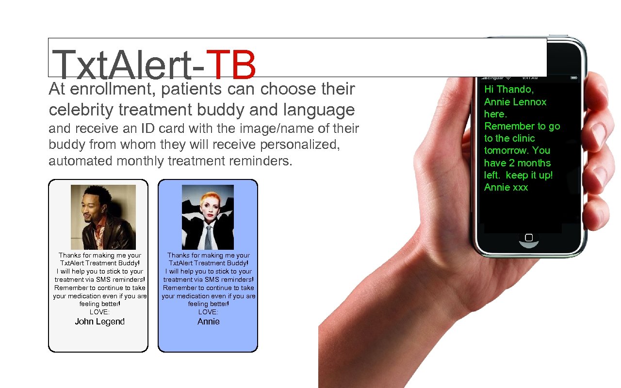 Txt. Alert-TB At enrollment, patients can choose their celebrity treatment buddy and language and