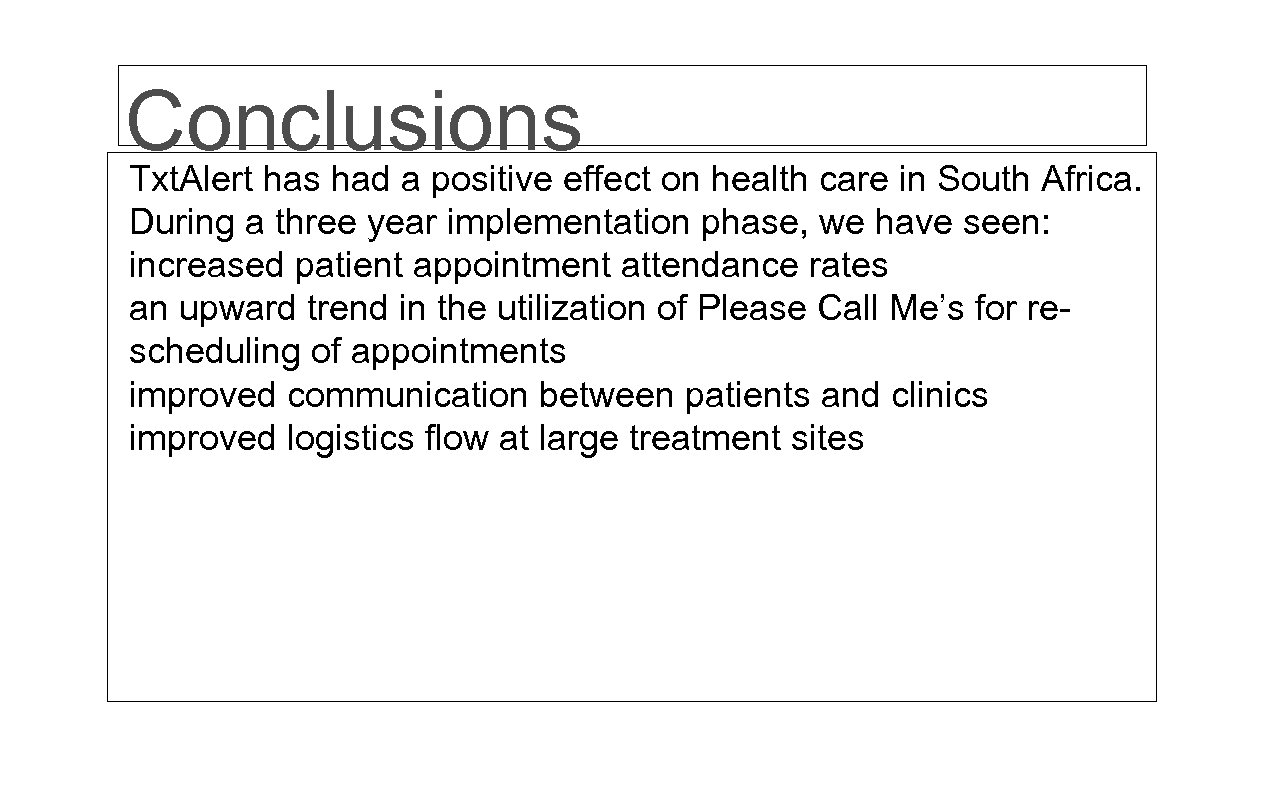 Conclusions Txt. Alert has had a positive effect on health care in South Africa.