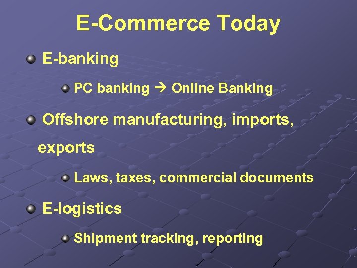E-Commerce Today E-banking PC banking Online Banking Offshore manufacturing, imports, exports Laws, taxes, commercial