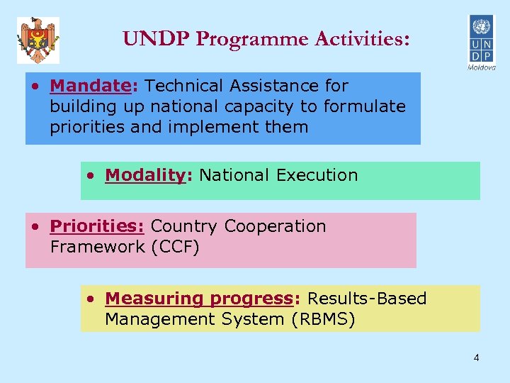 UNDP Programme Activities: • Mandate: Technical Assistance for building up national capacity to formulate