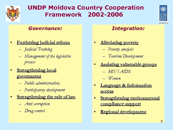 UNDP Moldova Country Cooperation Framework 2002 -2006 Governance: • Furthering judicial reform – Judicial