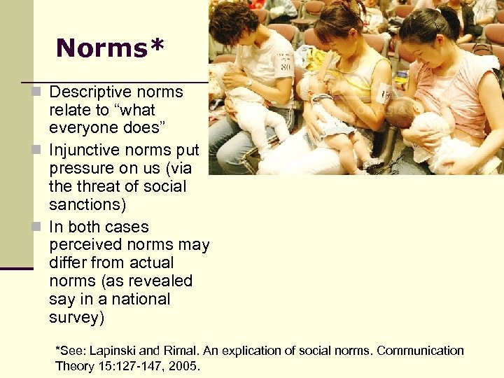 Norms* n Descriptive norms relate to “what everyone does” n Injunctive norms put pressure