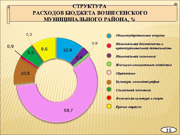 СТРУКТУРА РАСХОДОВ БЮДЖЕТА ВОЗНЕСЕНСКОГО МУНИЦИПАЛЬНОГО РАЙОНА, % Общегосударственные вопросы Национальная безопасность и правоохранительная деятельность