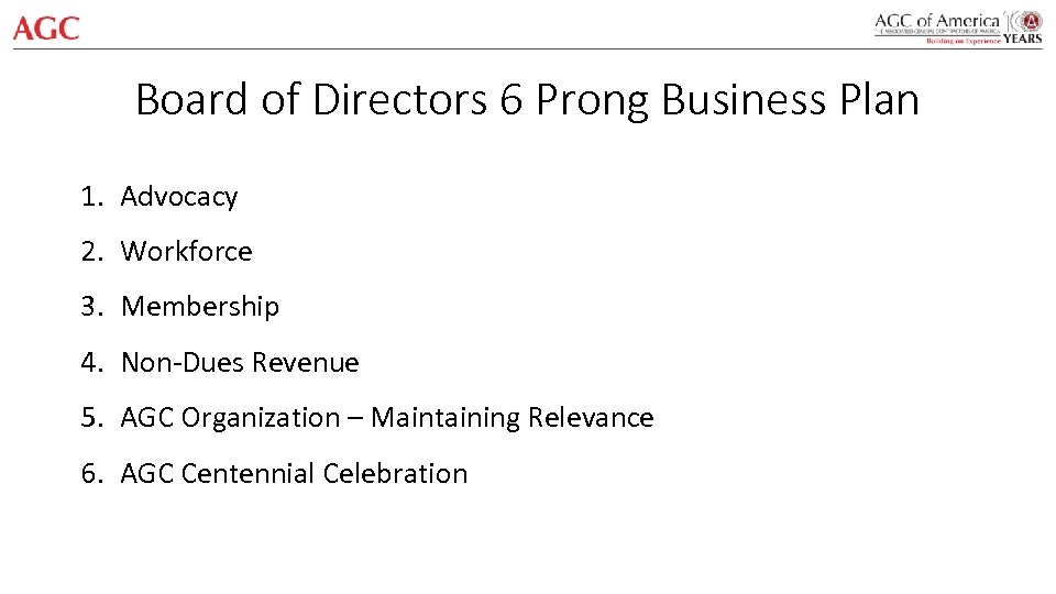 Board of Directors 6 Prong Business Plan 1. Advocacy 2. Workforce 3. Membership 4.