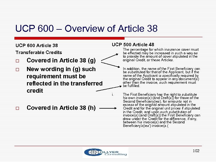 UCP 600 – Overview of Article 38 UCP 600 Article 38 Transferable Credits o