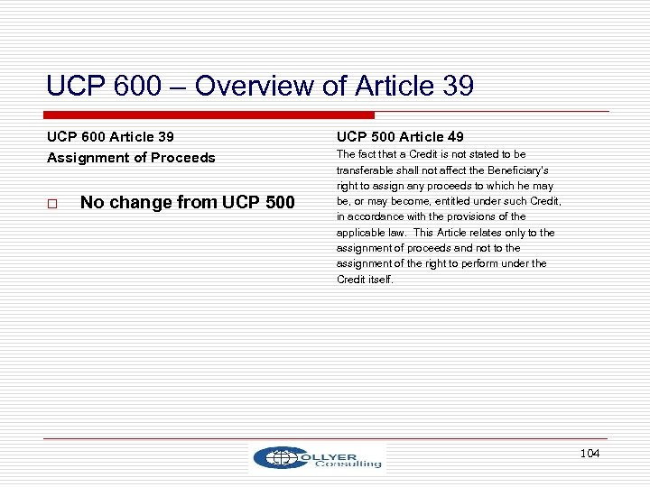 UCP 600 – Overview of Article 39 UCP 600 Article 39 Assignment of Proceeds