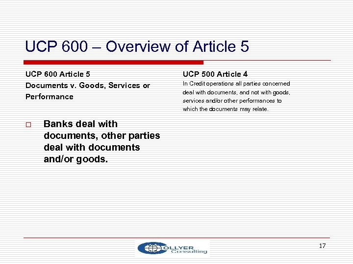 UCP 600 – Overview of Article 5 UCP 600 Article 5 Documents v. Goods,