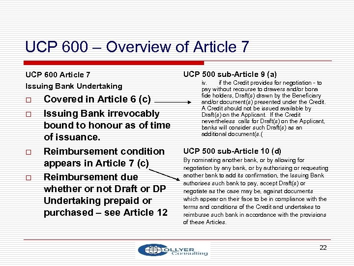 UCP 600 – Overview of Article 7 UCP 600 Article 7 Issuing Bank Undertaking