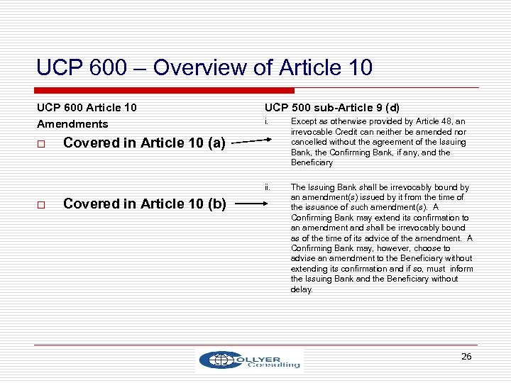 UCP 600 – Overview of Article 10 UCP 600 Article 10 Amendments UCP 500