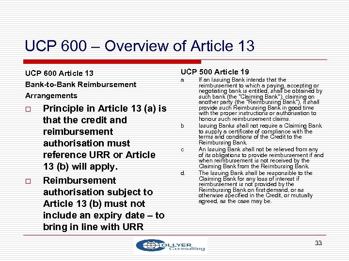 UCP 600 – Overview of Article 13 UCP 600 Article 13 Bank-to-Bank Reimbursement Arrangements