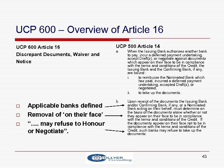 UCP 600 – Overview of Article 16 UCP 600 Article 16 Discrepant Documents, Waiver