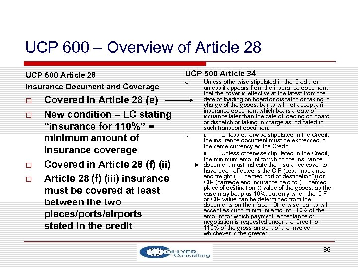 UCP 600 – Overview of Article 28 UCP 600 Article 28 Insurance Document and
