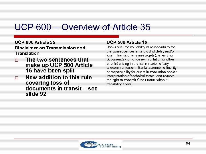 UCP 600 – Overview of Article 35 UCP 600 Article 35 Disclaimer on Transmission