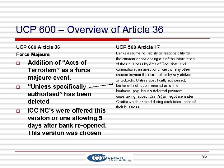 UCP 600 – Overview of Article 36 UCP 600 Article 36 Force Majeure o