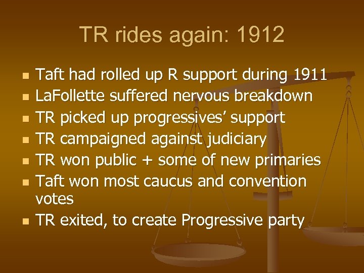 TR rides again: 1912 n n n n Taft had rolled up R support