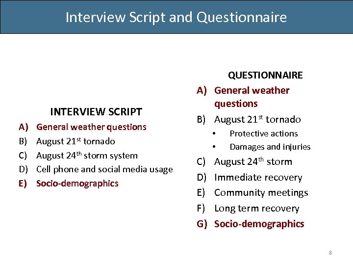 Interview Script and Questionnaire INTERVIEW SCRIPT A) B) C) D) E) General weather questions