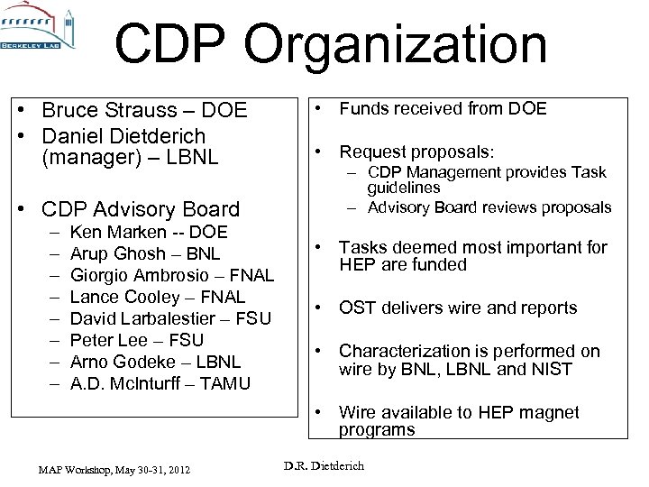 CDP Organization • Bruce Strauss – DOE • Daniel Dietderich (manager) – LBNL •