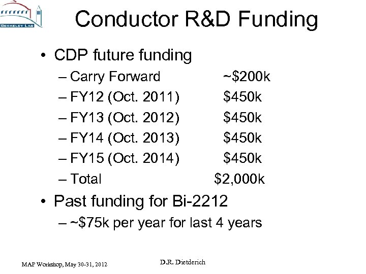 Conductor R&D Funding • CDP future funding – Carry Forward – FY 12 (Oct.