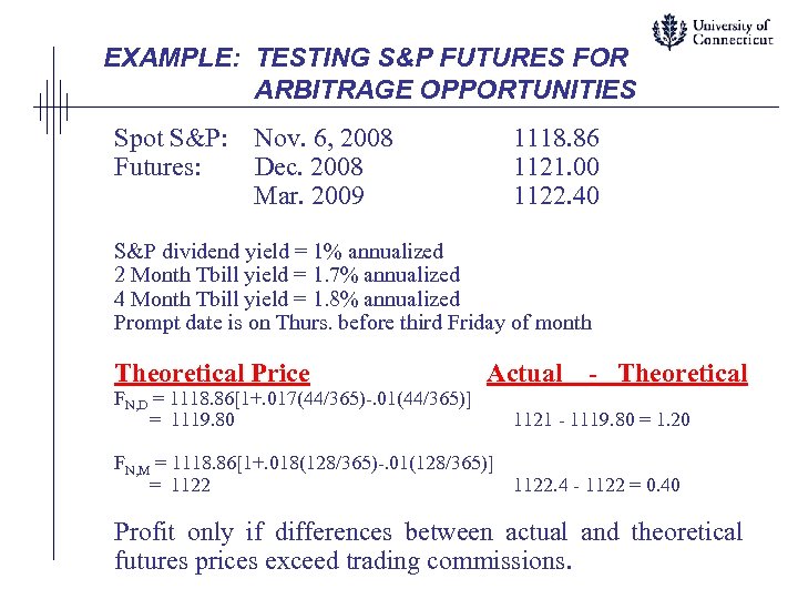 EXAMPLE: TESTING S&P FUTURES FOR ARBITRAGE OPPORTUNITIES Spot S&P: Futures: Nov. 6, 2008 Dec.