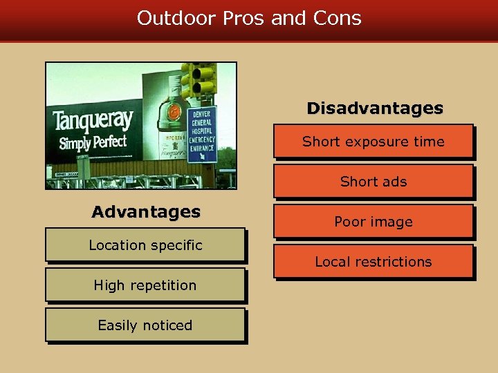 Outdoor Pros and Cons Disadvantages Short exposure time Short ads Advantages Location specific High