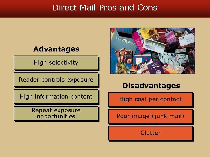 Direct Mail Pros and Cons Advantages High selectivity Reader controls exposure Disadvantages High information