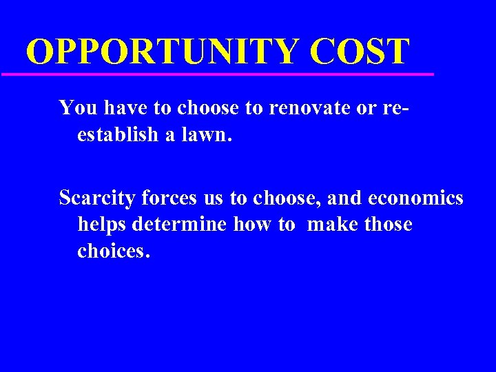 OPPORTUNITY COST You have to choose to renovate or reestablish a lawn. Scarcity forces
