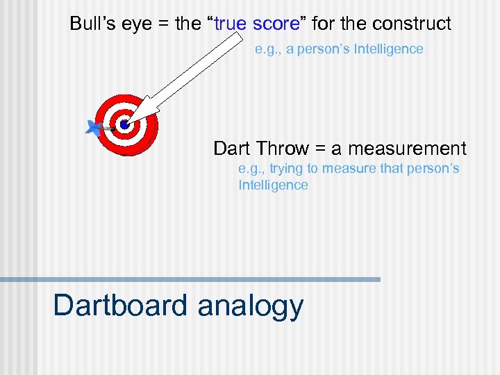 Bull’s eye = the “true score” for the construct e. g. , a person’s