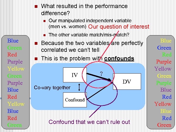 n What resulted in the performance difference? n n Blue Green Red Purple Yellow
