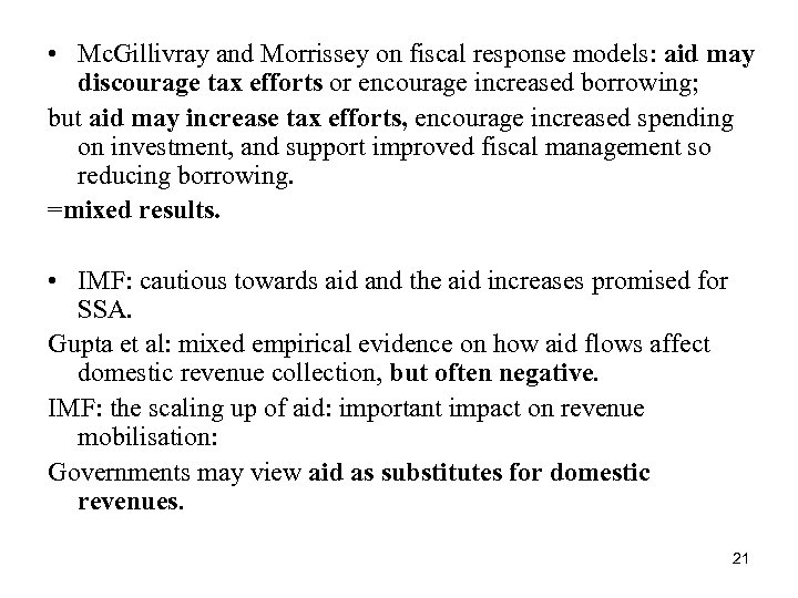  • Mc. Gillivray and Morrissey on fiscal response models: aid may discourage tax