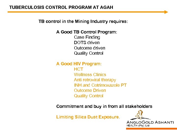 TUBERCULOSIS CONTROL PROGRAM AT AGAH TB control in the Mining Industry requires: A Good
