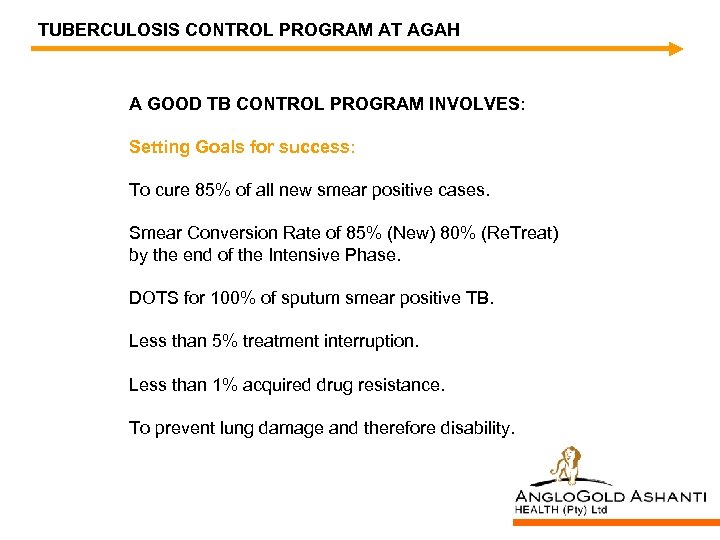 TUBERCULOSIS CONTROL PROGRAM AT AGAH A GOOD TB CONTROL PROGRAM INVOLVES: Setting Goals for