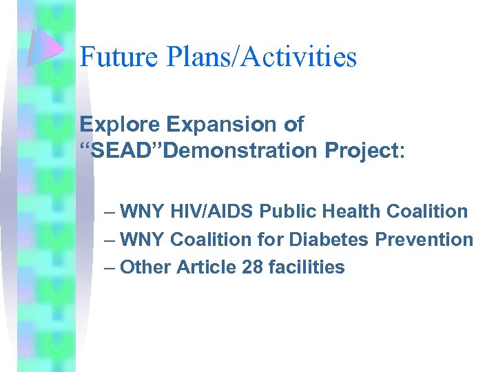 Future Plans/Activities Explore Expansion of “SEAD”Demonstration Project: – WNY HIV/AIDS Public Health Coalition –