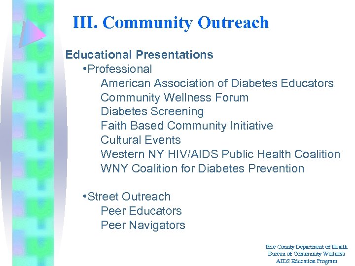 III. Community Outreach Educational Presentations • Professional American Association of Diabetes Educators Community Wellness