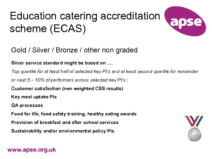 Education catering accreditation scheme (ECAS) Gold / Silver / Bronze / other non graded