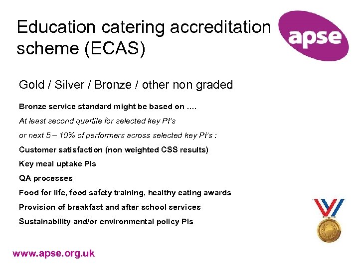 Education catering accreditation scheme (ECAS) Gold / Silver / Bronze / other non graded