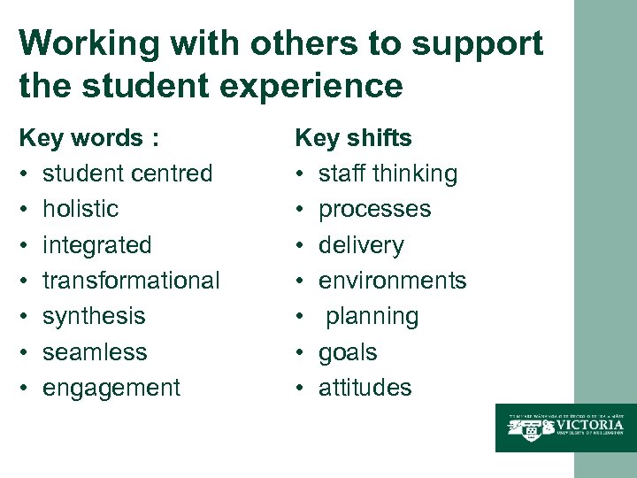 Working with others to support the student experience Key words : • student centred