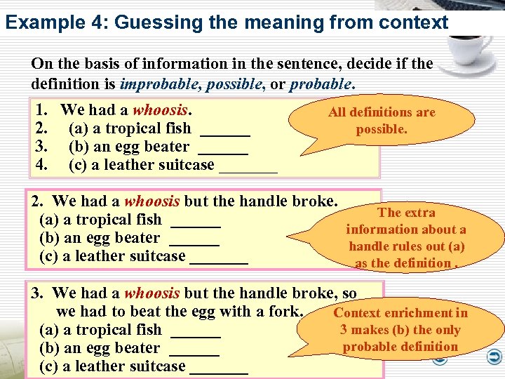 Example 4: Guessing the meaning from context On the basis of information in the