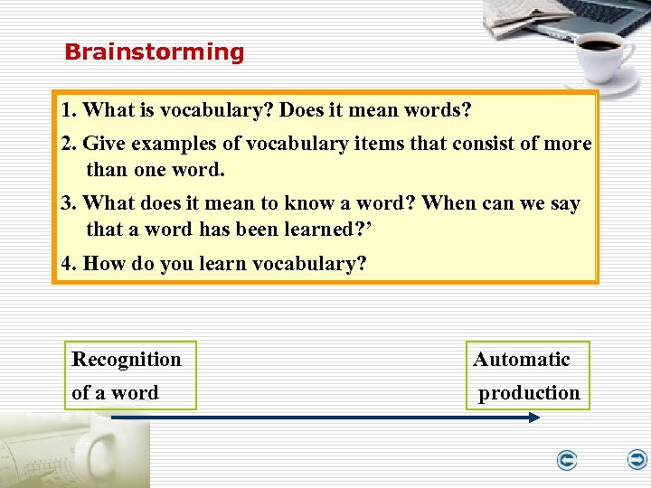 Brainstorming 1. What is vocabulary? Does it mean words? 2. Give examples of vocabulary