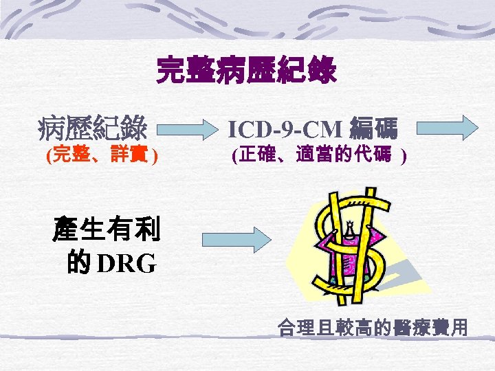 完整病歷紀錄 (完整、詳實 ) ICD-9 -CM 編碼 (正確、適當的代碼 ) 產生有利 的 DRG 合理且較高的醫療費用 