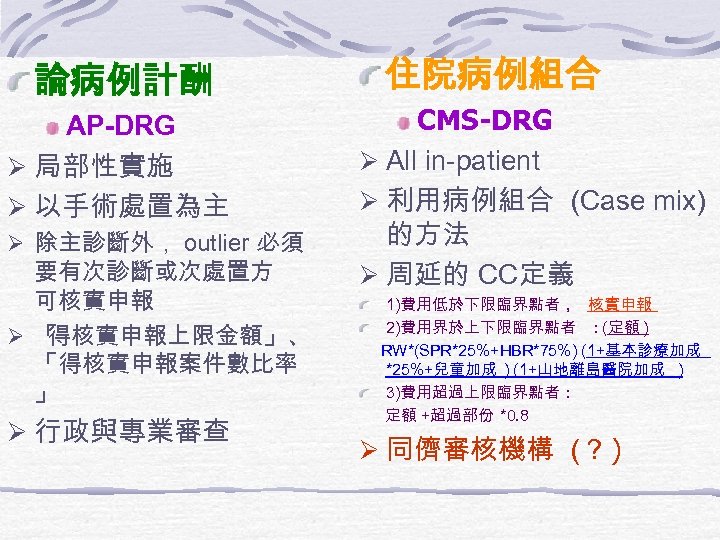 論病例計酬 AP-DRG Ø 局部性實施 Ø 以手術處置為主 Ø 除主診斷外， outlier 必須 要有次診斷或次處置方 可核實申報 Ø 「