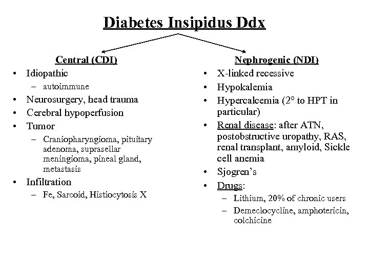 Diabetes Insipidus Ddx Central (CDI) • Idiopathic – autoimmune • Neurosurgery, head trauma •