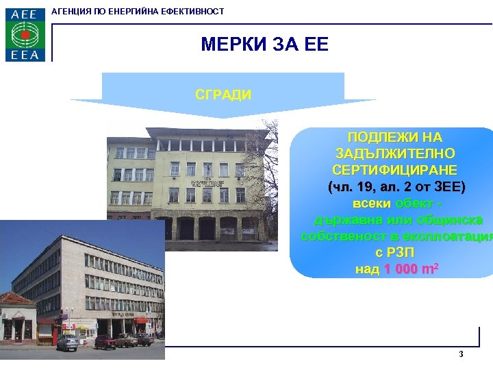 АГЕНЦИЯ ПО ЕНЕРГИЙНА ЕФЕКТИВНОСТ МЕРКИ ЗА ЕЕ СГРАДИ ПОДЛЕЖИ НА ЗАДЪЛЖИТЕЛНО СЕРТИФИЦИРАНЕ (чл. 19,