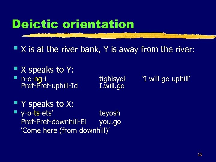Deictic orientation § X is at the river bank, Y is away from the