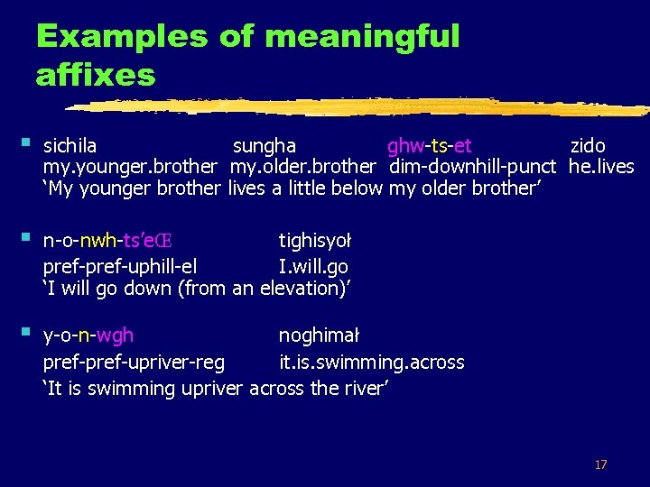 Examples of meaningful affixes § sichila sungha ghw-ts-et zido my. younger. brother my. older.