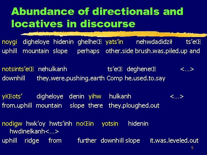Abundance of directionals and locatives in discourse noygi digheloye hidenin ghelheŒ yats’in nehwdadidził ts’eŒ