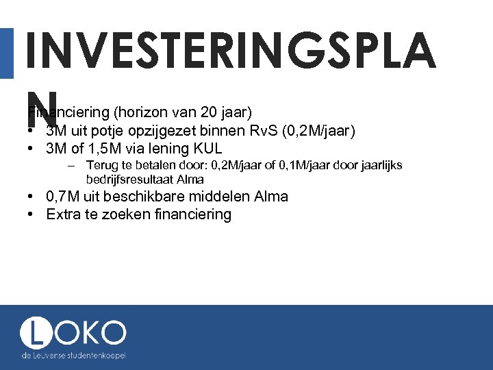 INVESTERINGSPLA N Financiering (horizon van 20 jaar) • 3 M uit potje opzijgezet binnen