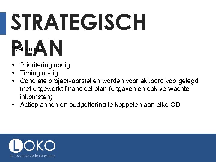 STRATEGISCH PLAN Wat volgt? • Prioritering nodig • Timing nodig • Concrete projectvoorstellen worden
